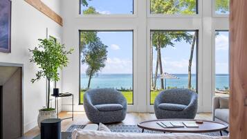 Smart TV, chimenea, libros y estéreo