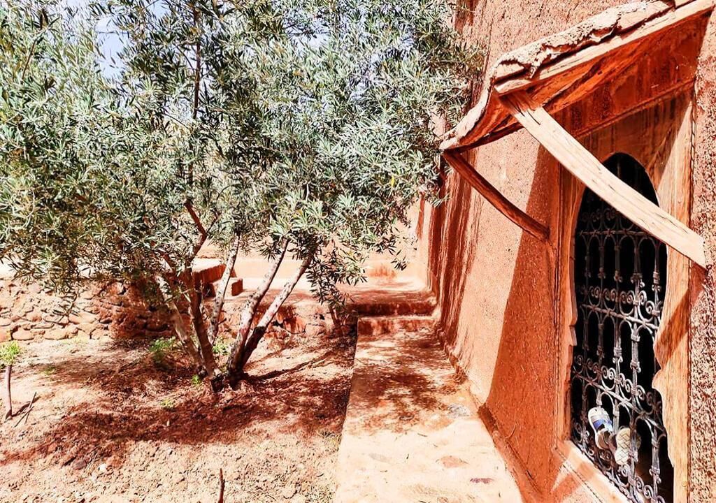 Un pasillo estrecho y rústico con puerta de madera y ventana con barrotes, que conduce a un edificio con pared de piedra.