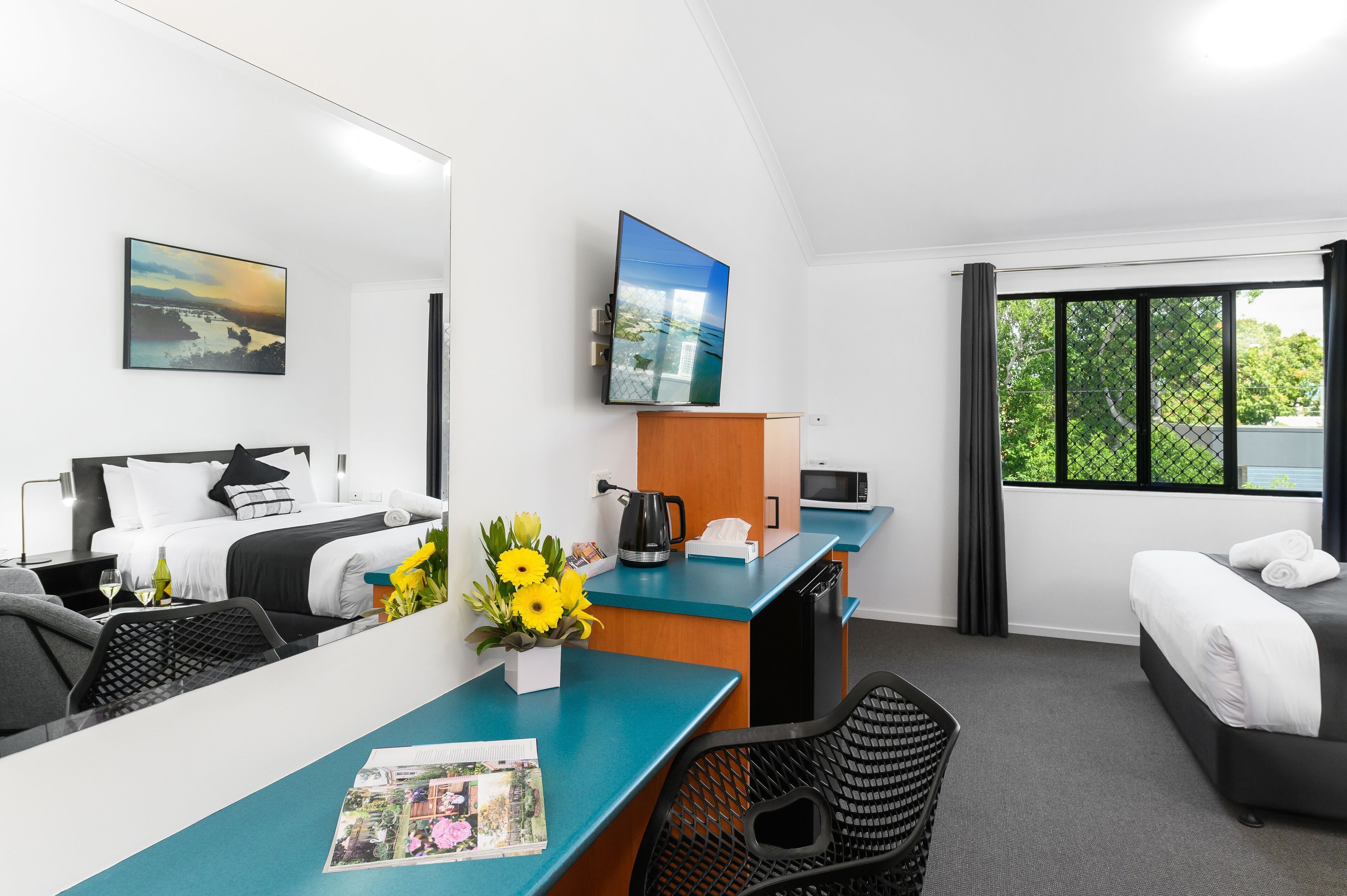 Desk, free WiFi, bed sheets