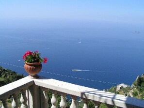 Een balkon met een bloempot en uitzicht op de kust.