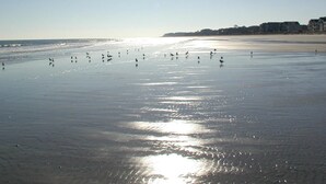 Une plage où l’on voit des gens se promener sur le sable, avec des bâtiments en arrière-plan.