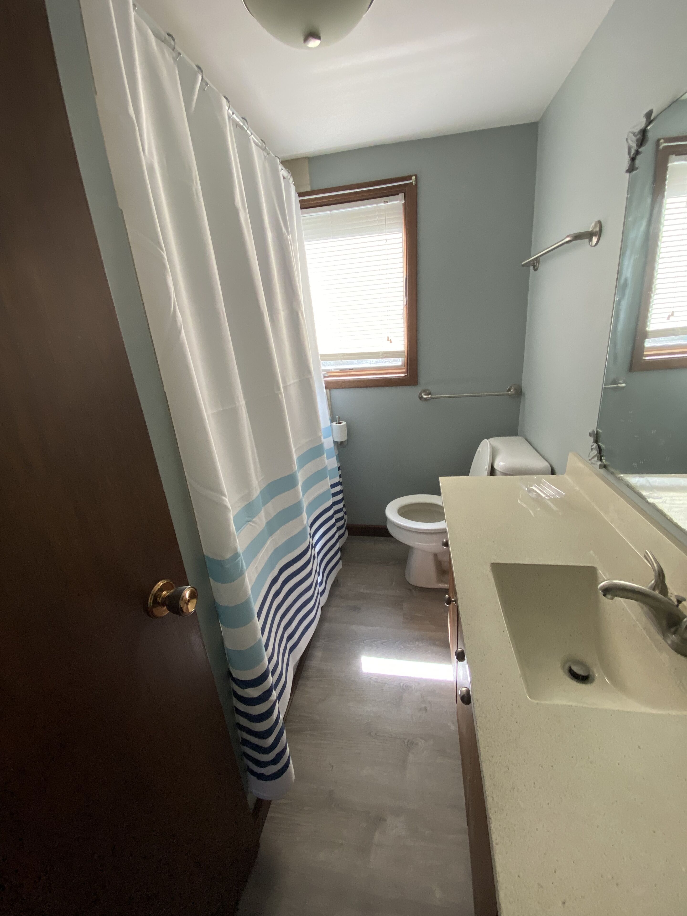 A bathroom with a shower curtain, a toilet, a sink, and a window.