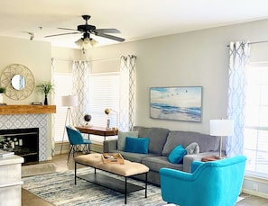 Smart TV, fireplace, books