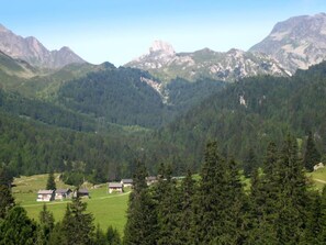 A mountainous landscape with a small cluster of houses surrounded by dense forest and rugged peaks. - Chalet Al Portic by Interhome (Olivone)