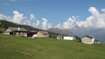 A rural village with several houses on a hillside, surrounded by mountains and a clear sky.