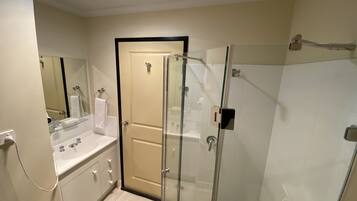 Twin Queen | Bathroom | Shower, rainfall showerhead, towels