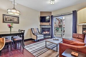 TV, fireplace, books, video library