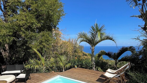 Eine Holzterrasse mit Schwimmbecken, umgeben von üppiger Vegetation und Palmen, mit Blick auf einen klaren, blauen Himmel und das Meer.