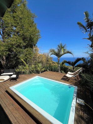 A wooden deck with a swimming pool, surrounded by lush greenery and palm trees, overlooking a clear blue sky and ocean. - Maison vue Mer, Piscine (Saint-Leu)