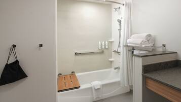A modern bathroom with a shower, a bathtub, and a vanity area.