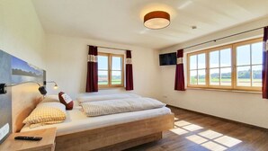 Una camera da letto con un letto, due finestre, una lampada a soffitto e una TV a parete.