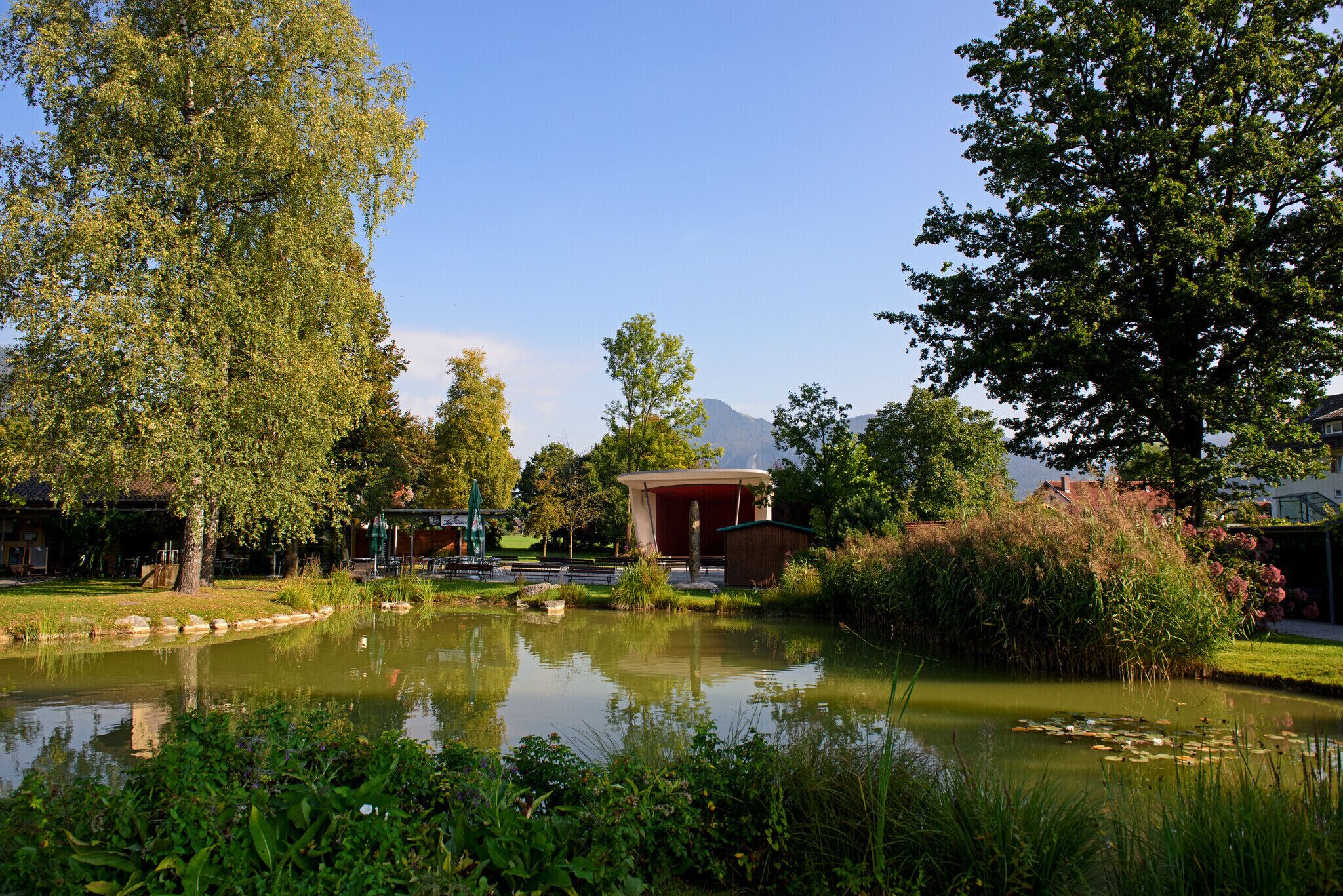 Un étang paisible avec un petit pavillon, entouré d’une végétation luxuriante et d’arbres.