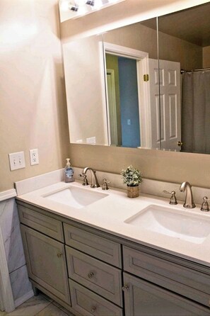 Tina con regadera, secadora de cabello, toallas, jabón