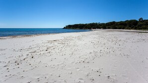 Una playa de arena blanca, cielo azul despejado y un área boscosa al fondo.