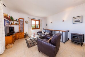 Un salon comprenant un canapé, un téléviseur, un meuble en bois, une cheminée et une fenêtre avec des rideaux.