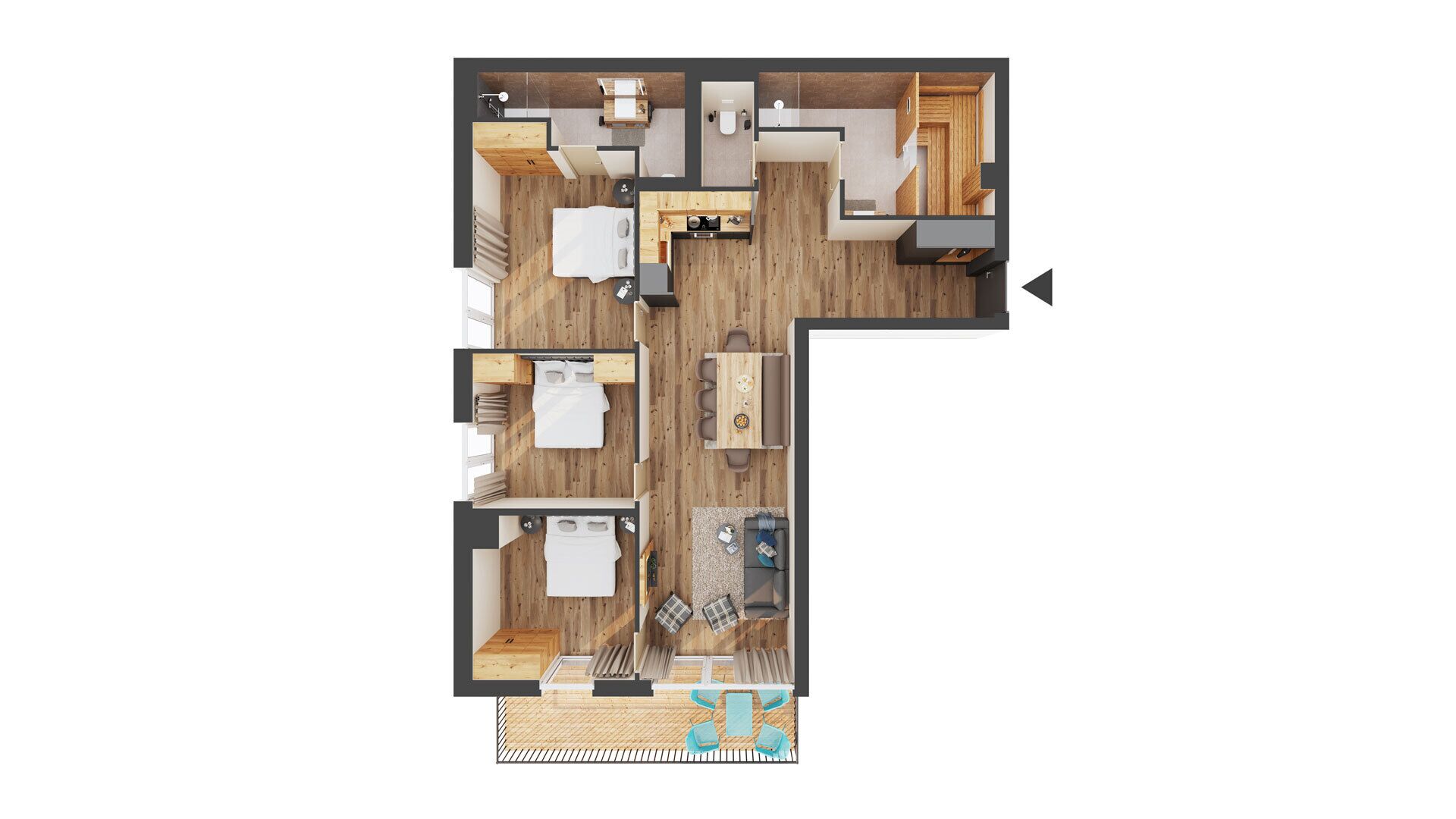 A floor plan of a modern apartment with a living room, kitchen, dining area, two bedrooms, and a balcony.