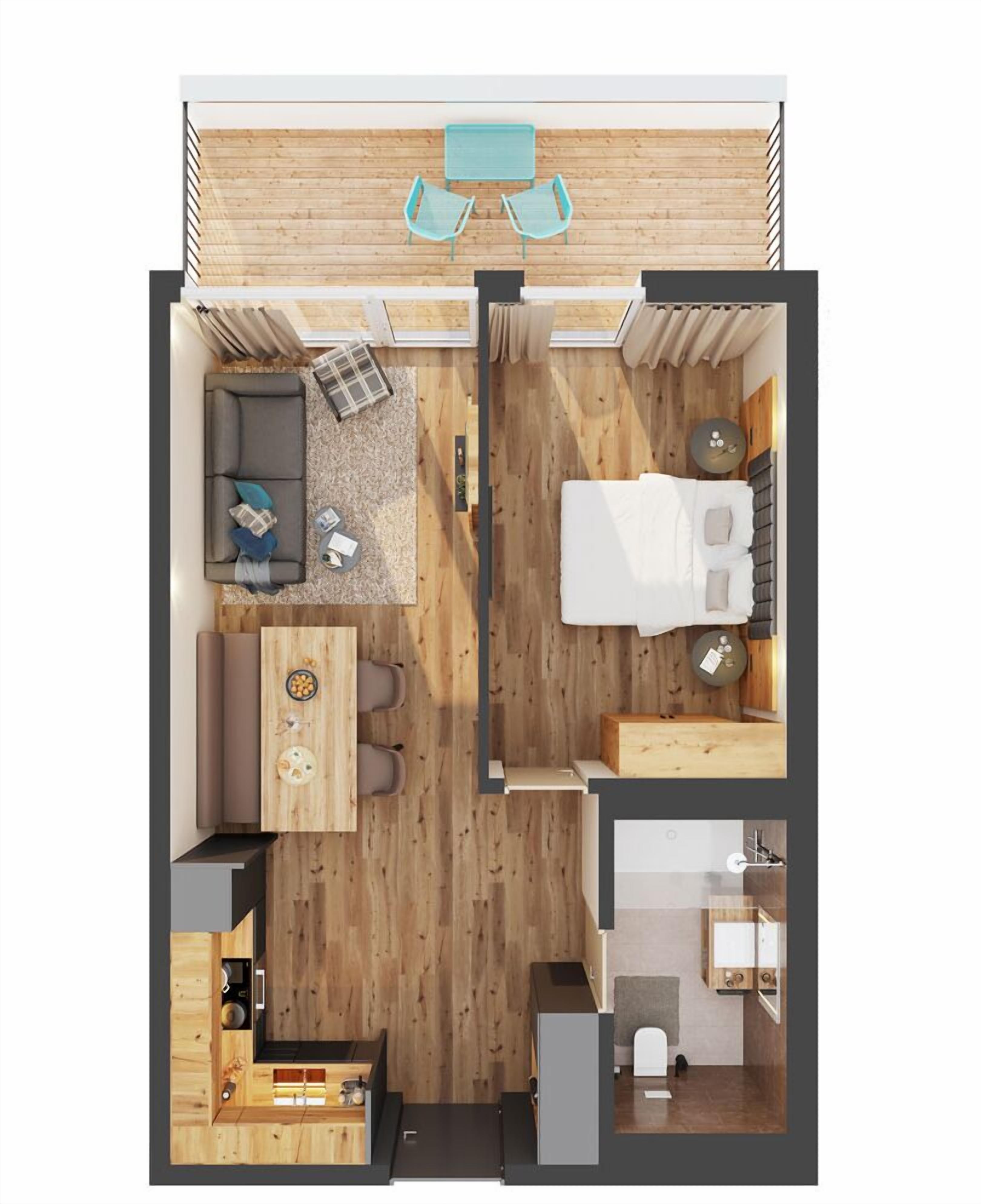 A modern apartment layout with a living area, dining space, kitchen, and a small bathroom.