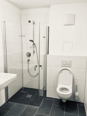 Dusche, Haartrockner, Handtücher, Seife