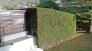 A modern outdoor seating area with a wooden bench and a white table, adjacent to a neatly trimmed hedge.
