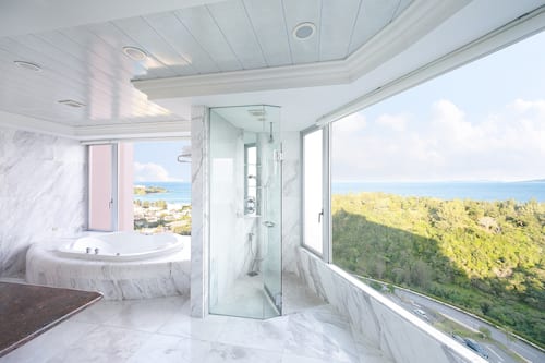 Separate bathtub and shower, deep-soaking bathtub, rainfall showerhead