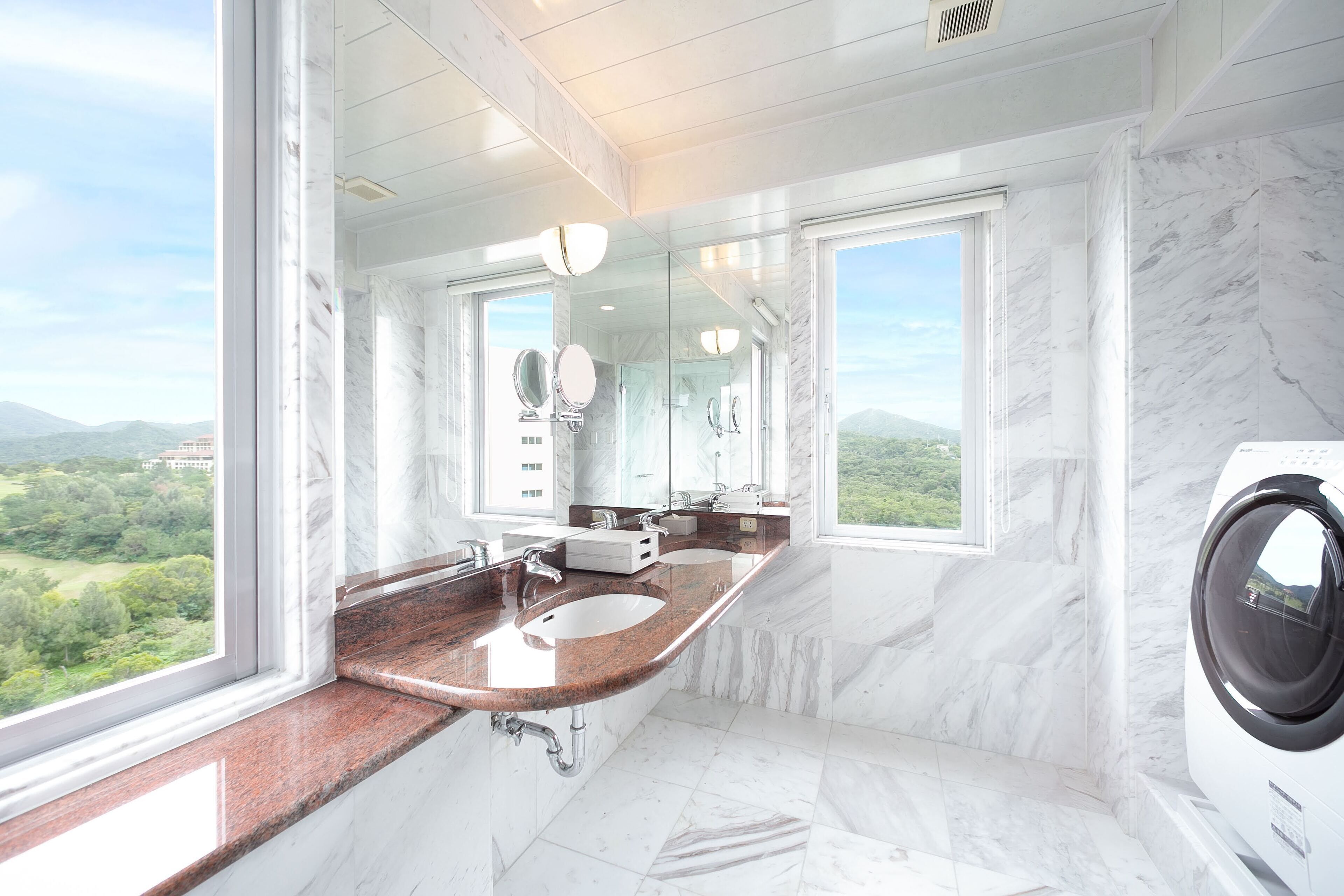 separate bathtub and shower, deep-soaking bathtub, rainfall showerhead