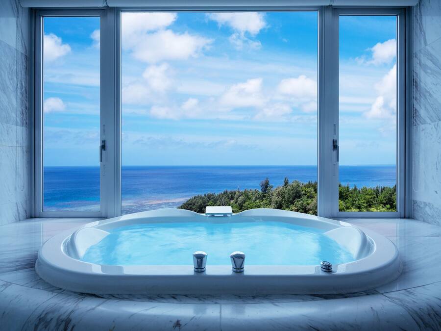 Separate tub and shower, deep soaking tub, rainfall showerhead