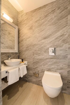 Shower, hair dryer, towels, toilet paper