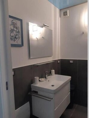 Shower, hair dryer, towels, toilet paper