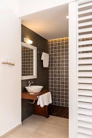 Shower, towels, toilet paper