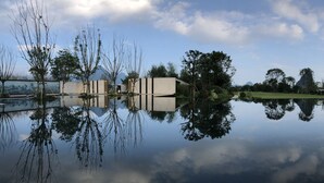A serene landscape with a reflective water body, trees, and distant mountains.