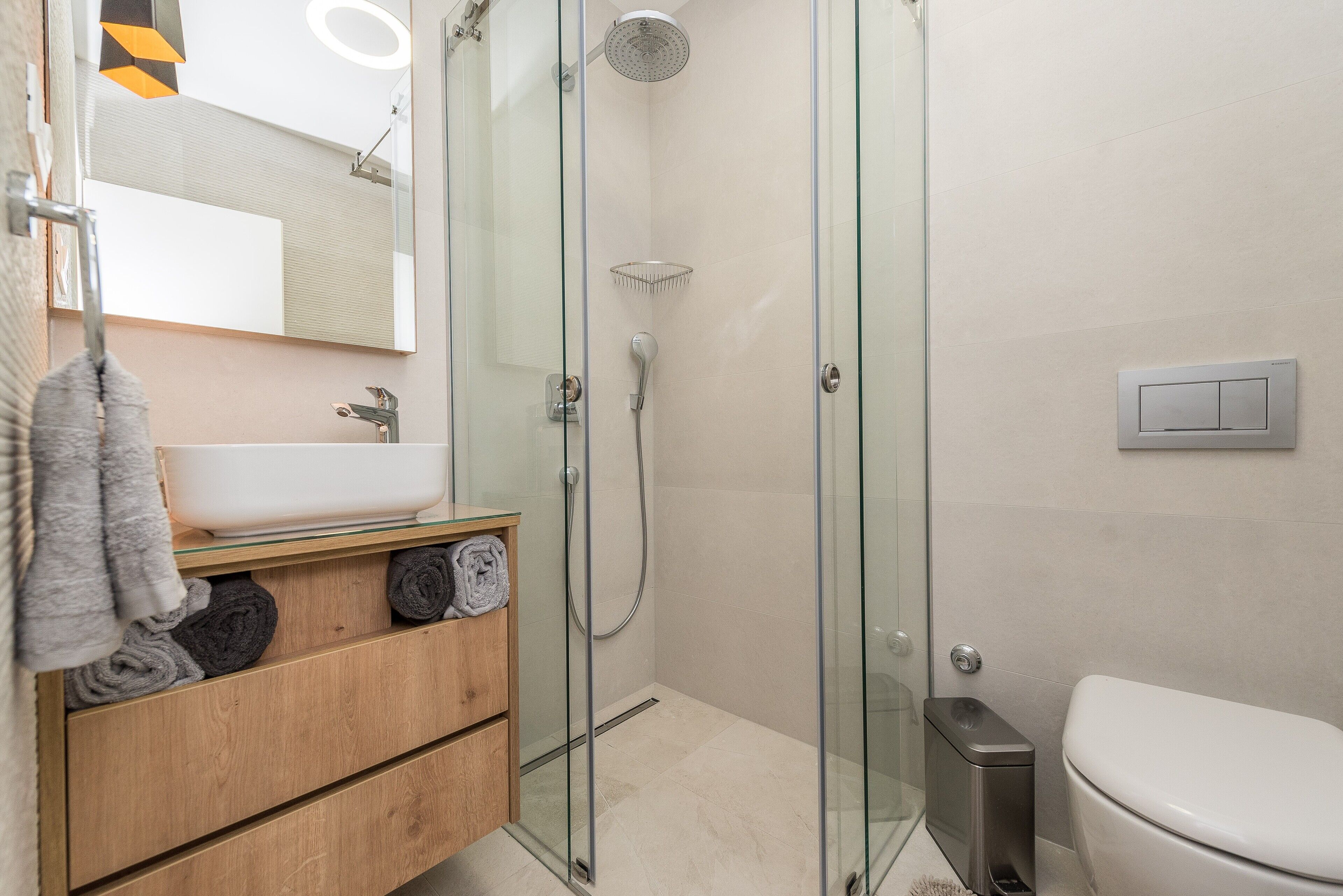 Shower, hair dryer, towels