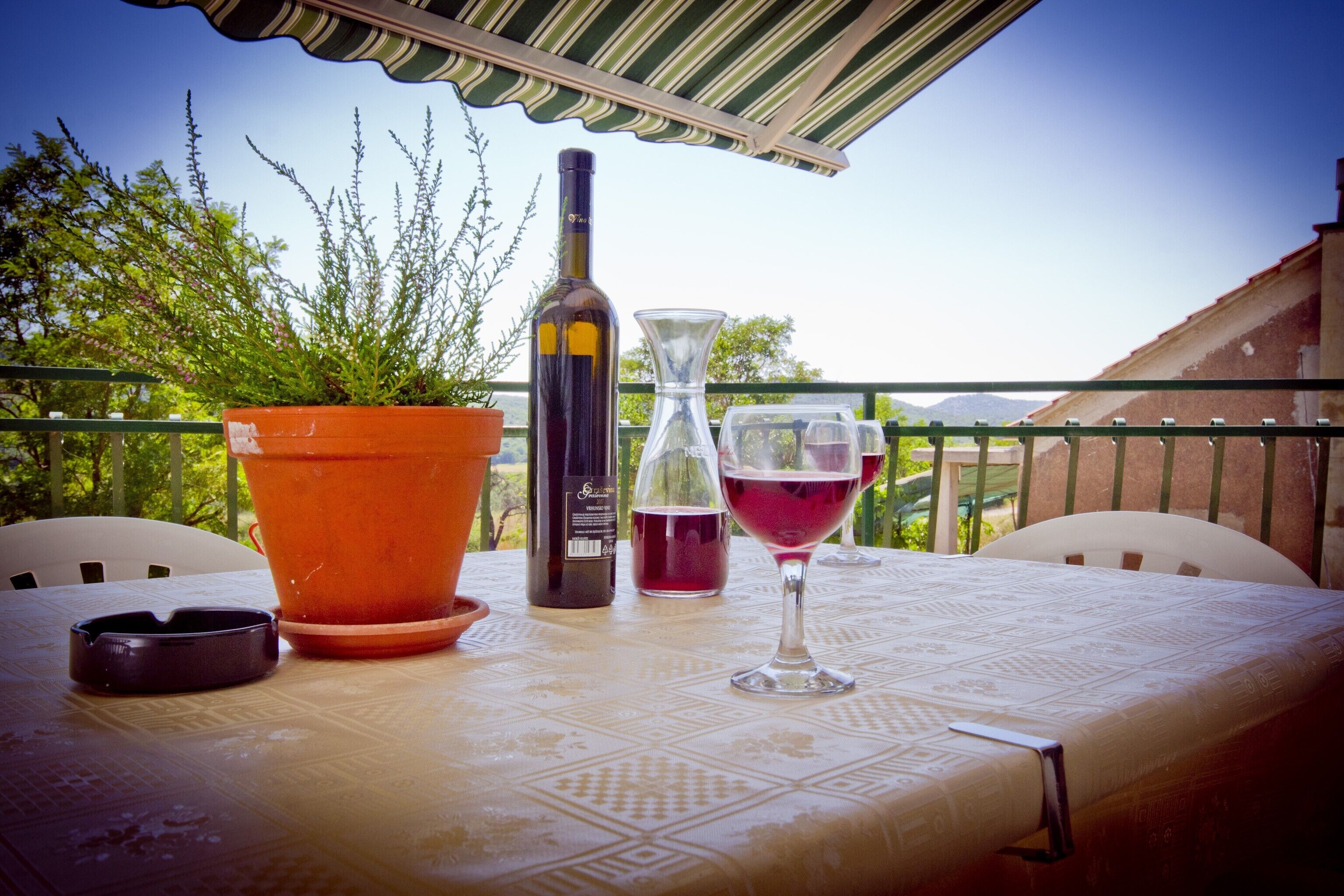 Une table avec une bouteille de vin, un verre de vin rouge, une carafe et une plante en pot, sur un balcon extérieur donnant sur des arbres et un immeuble.