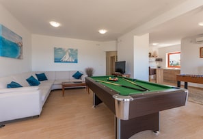 TV, fireplace, video games, table tennis