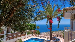 A pool area with a view of the sea, surrounded by palm trees and lounge chairs.