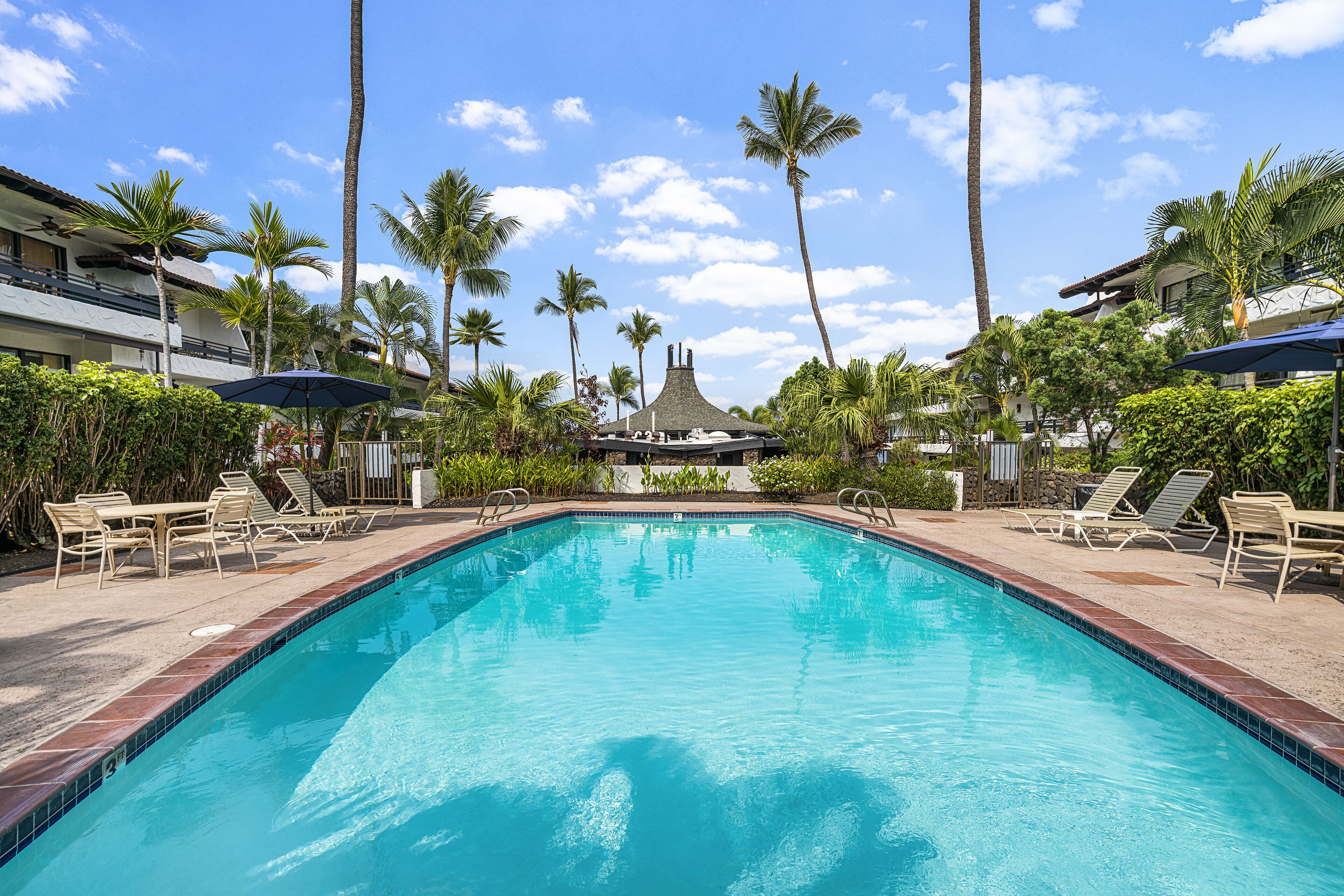 A swimming pool with lounge chairs and umbrellas, surrounded by palm trees and a building with a distinctive roof.