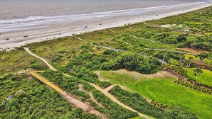An aerial view of a coastal area with a beach, pathways, and green vegetation. - Bring your Family, Oceanfront, 8 bedroom, 4 bathroom, private boardwalk! (Isle of Palms)