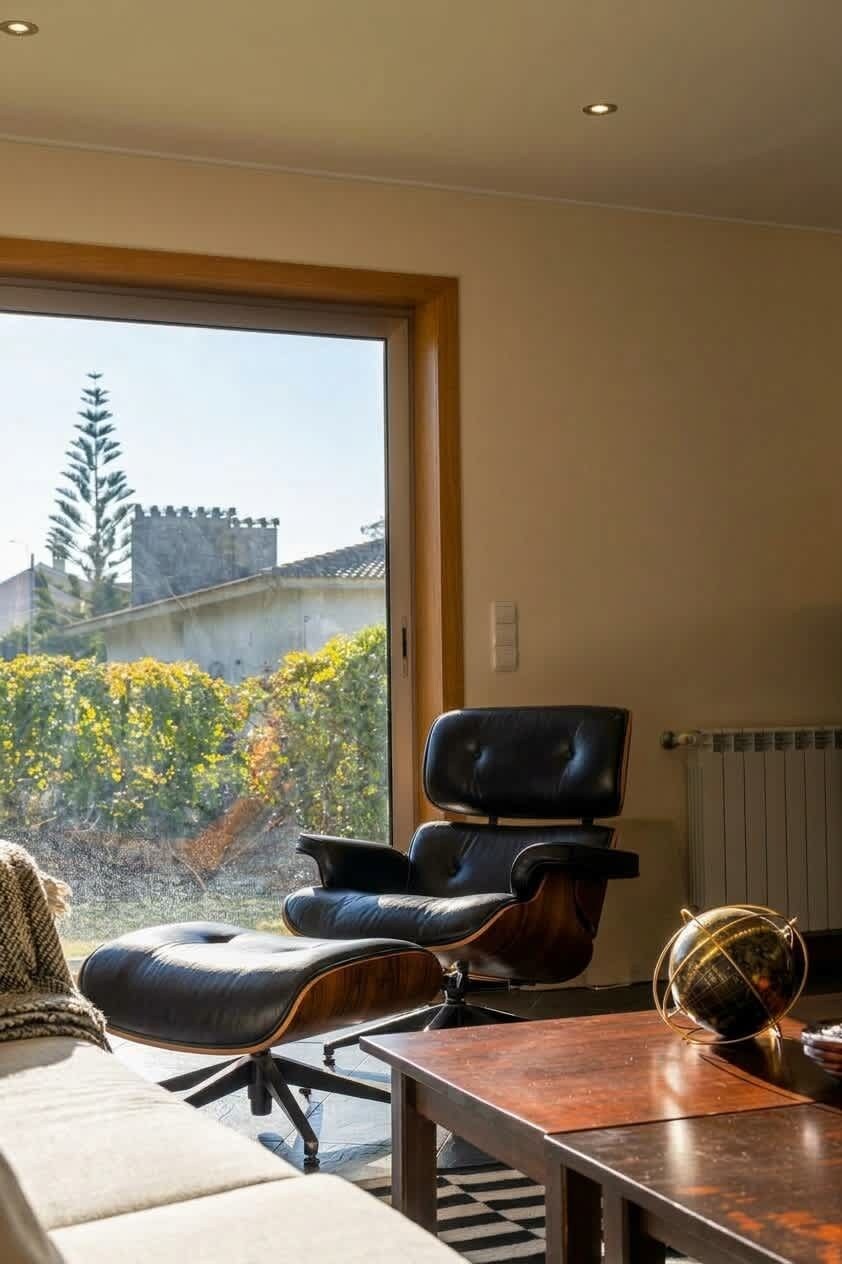 A modern living room with a large window, a leather armchair, a sofa, and a wooden coffee table.