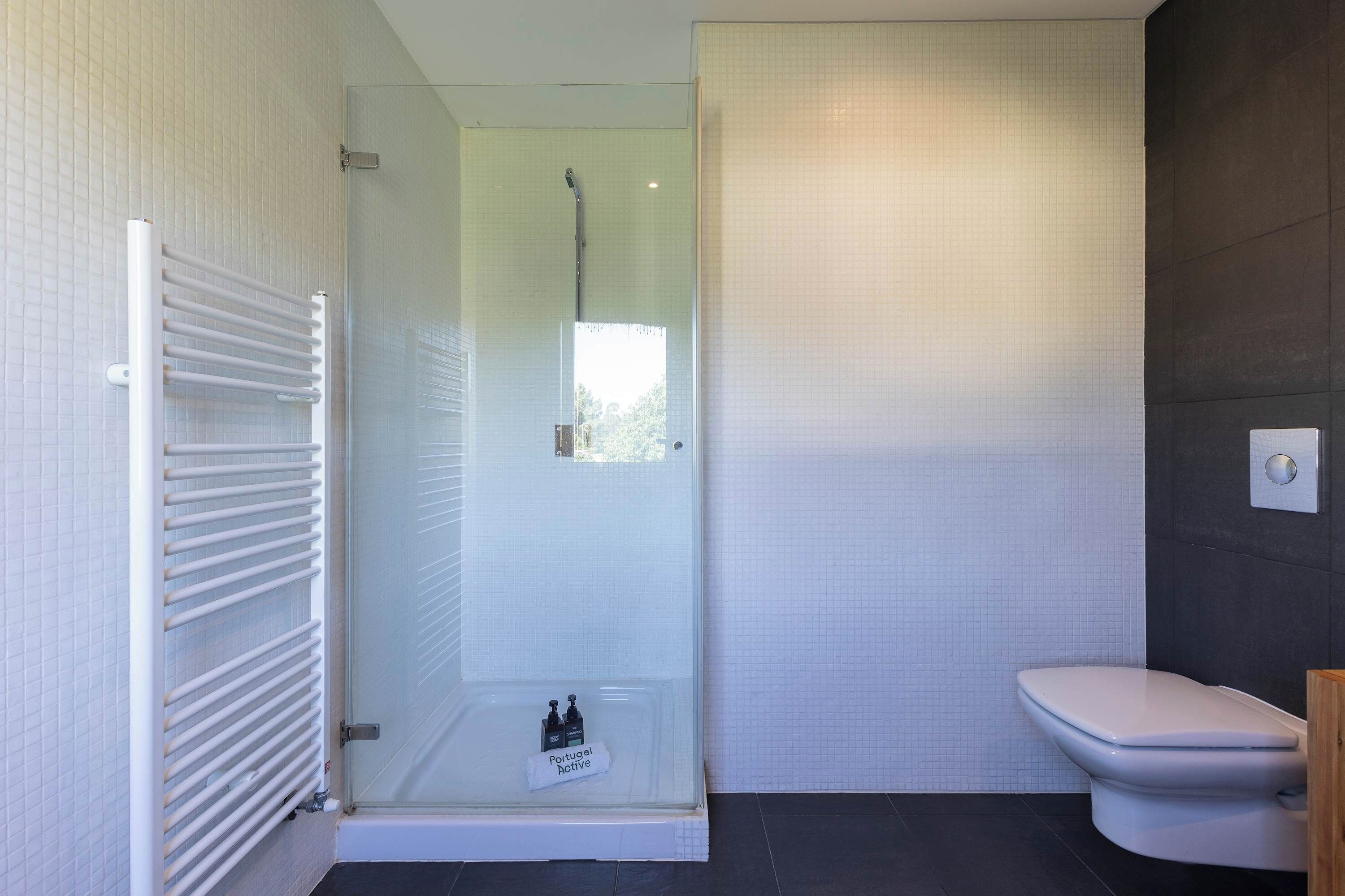 Et moderne badeværelse med et brusebad bag glasvæg, et hvidt toilet og en håndklædestang.