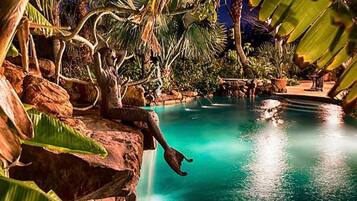 Relax by the serene pool surrounded by lush tropical vegetation and natural rock formations.