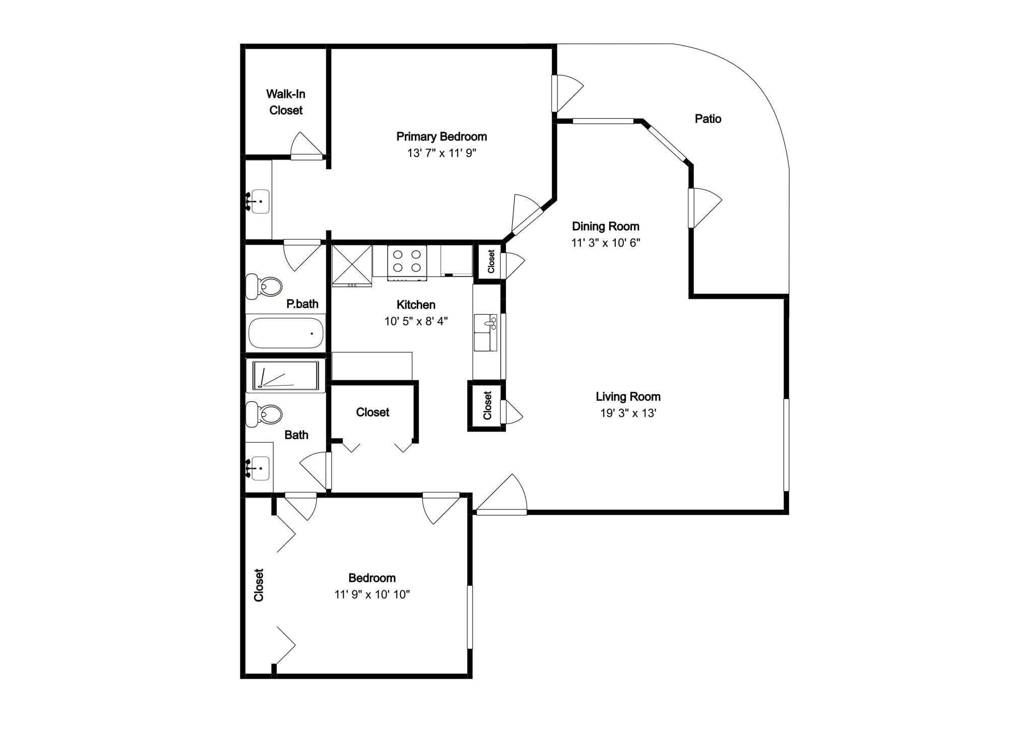 A floor plan of a house with a primary bedroom, dining room, kitchen, living room, and two bedrooms.