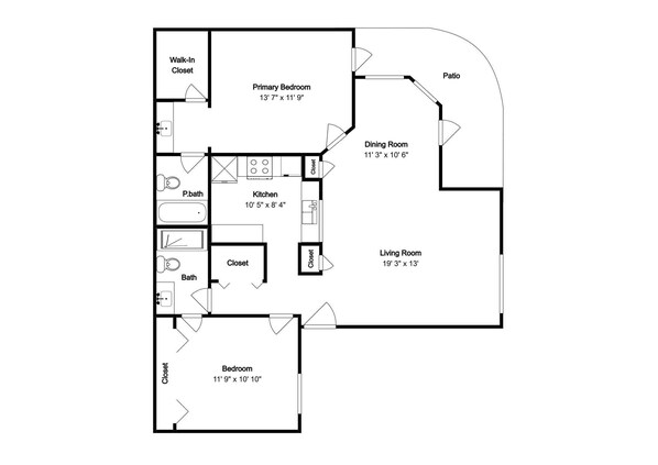 A floor plan of a house with a primary bedroom, dining room, kitchen, living room, and two bedrooms.