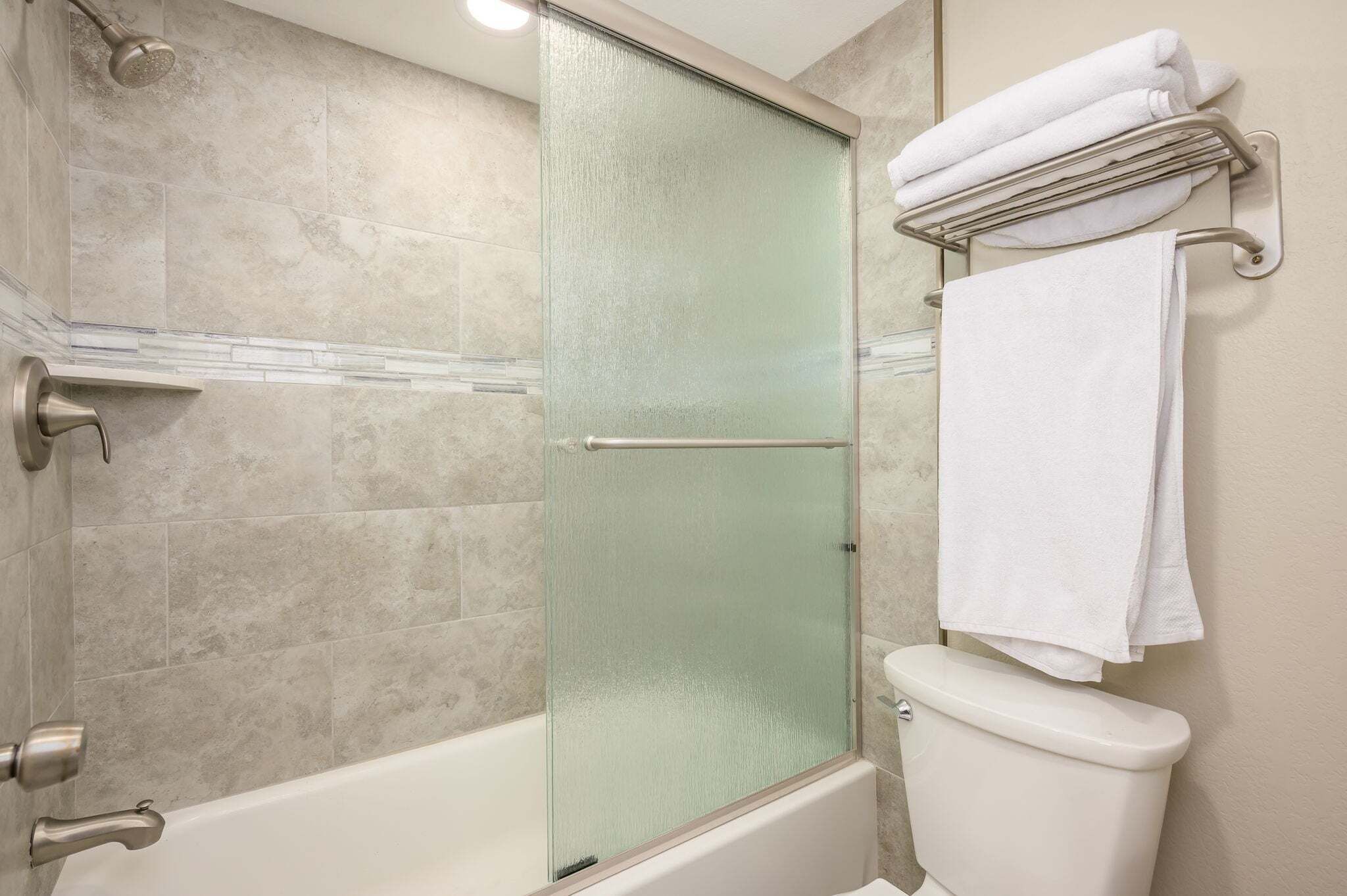 Une salle de bain moderne avec une douche à parois de verre, une baignoire blanche et des toilettes.