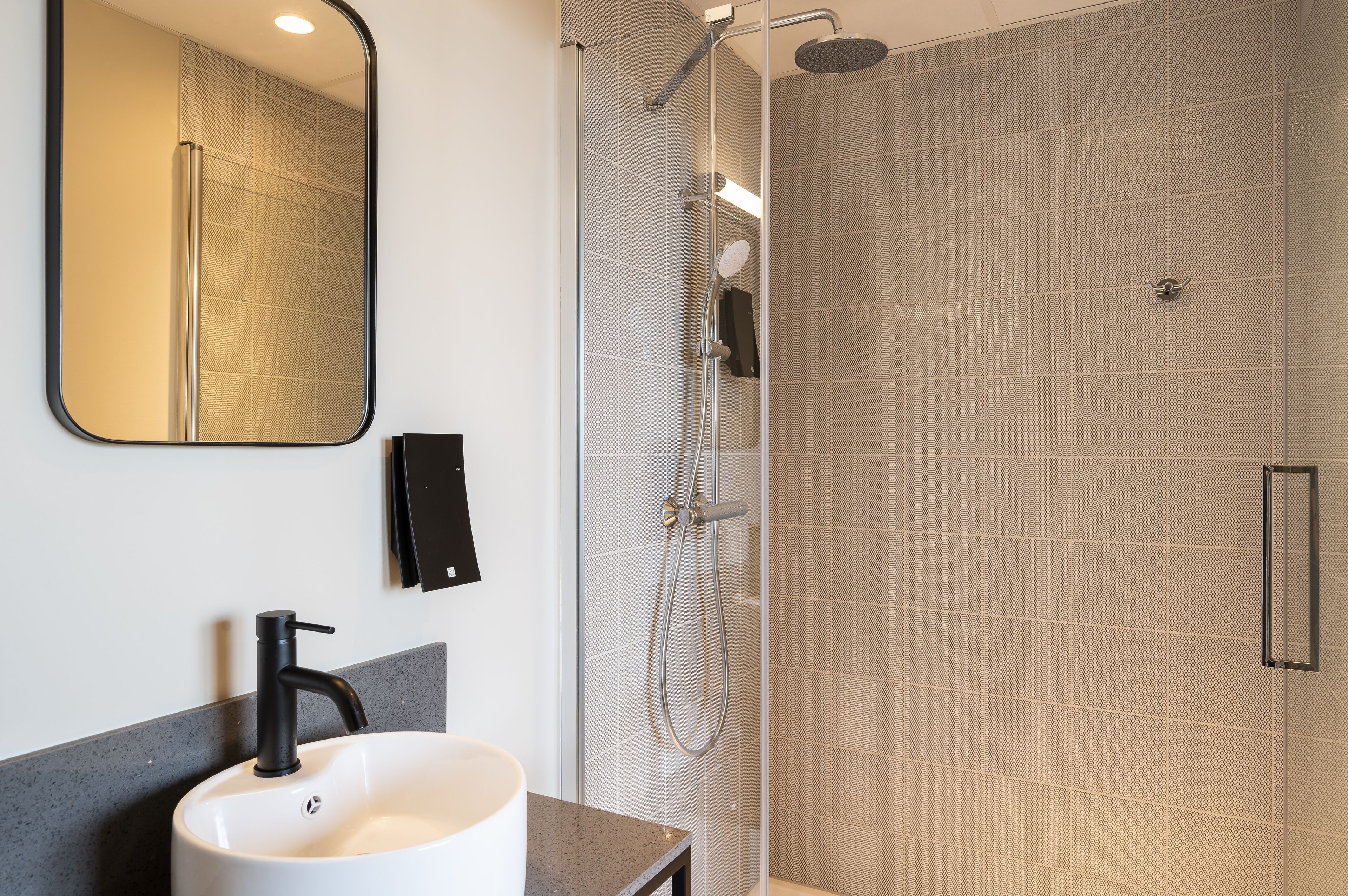 shower, rainfall showerhead, hair dryer, heated floors