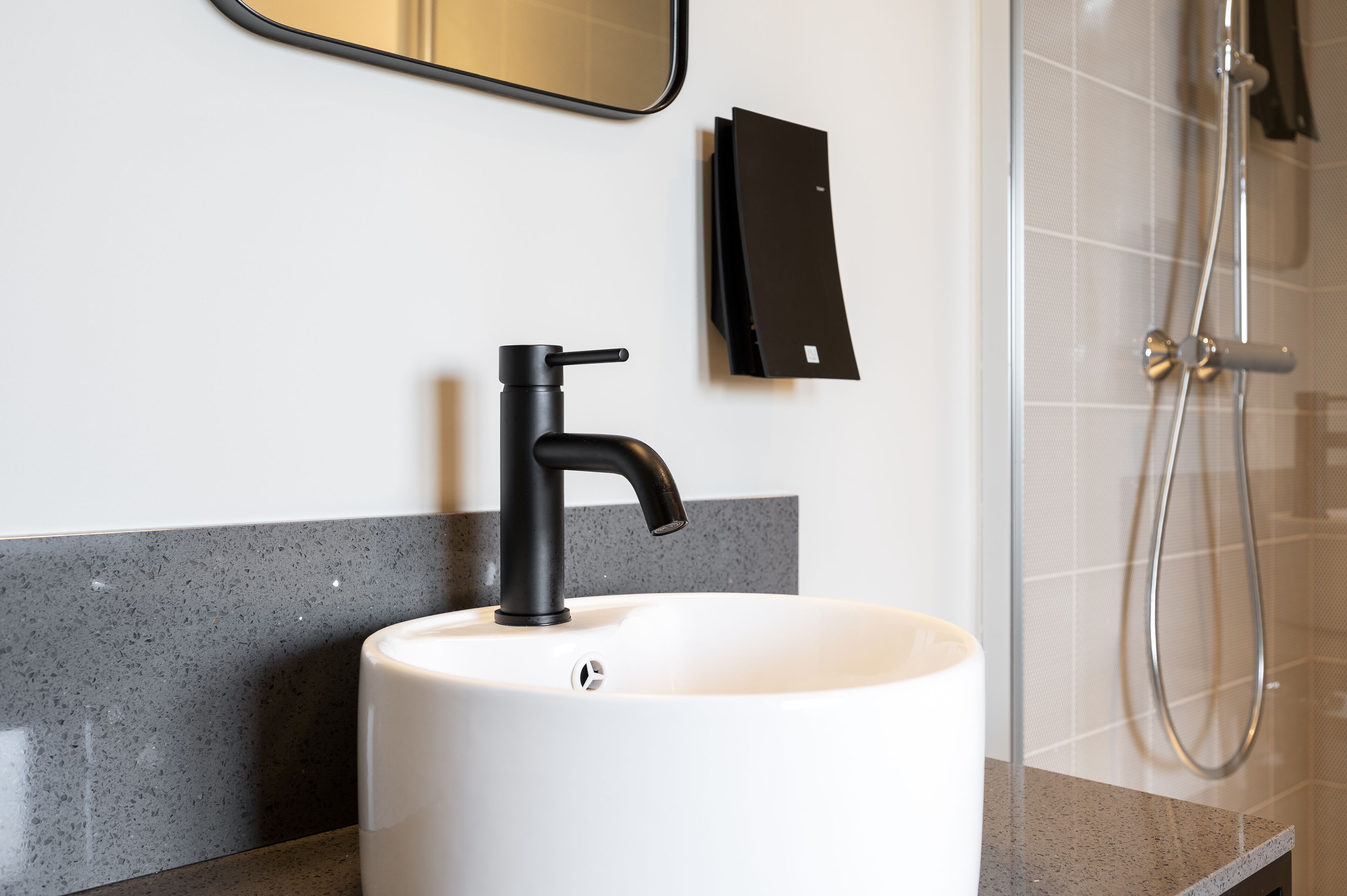 shower, rainfall showerhead, hair dryer, heated floors