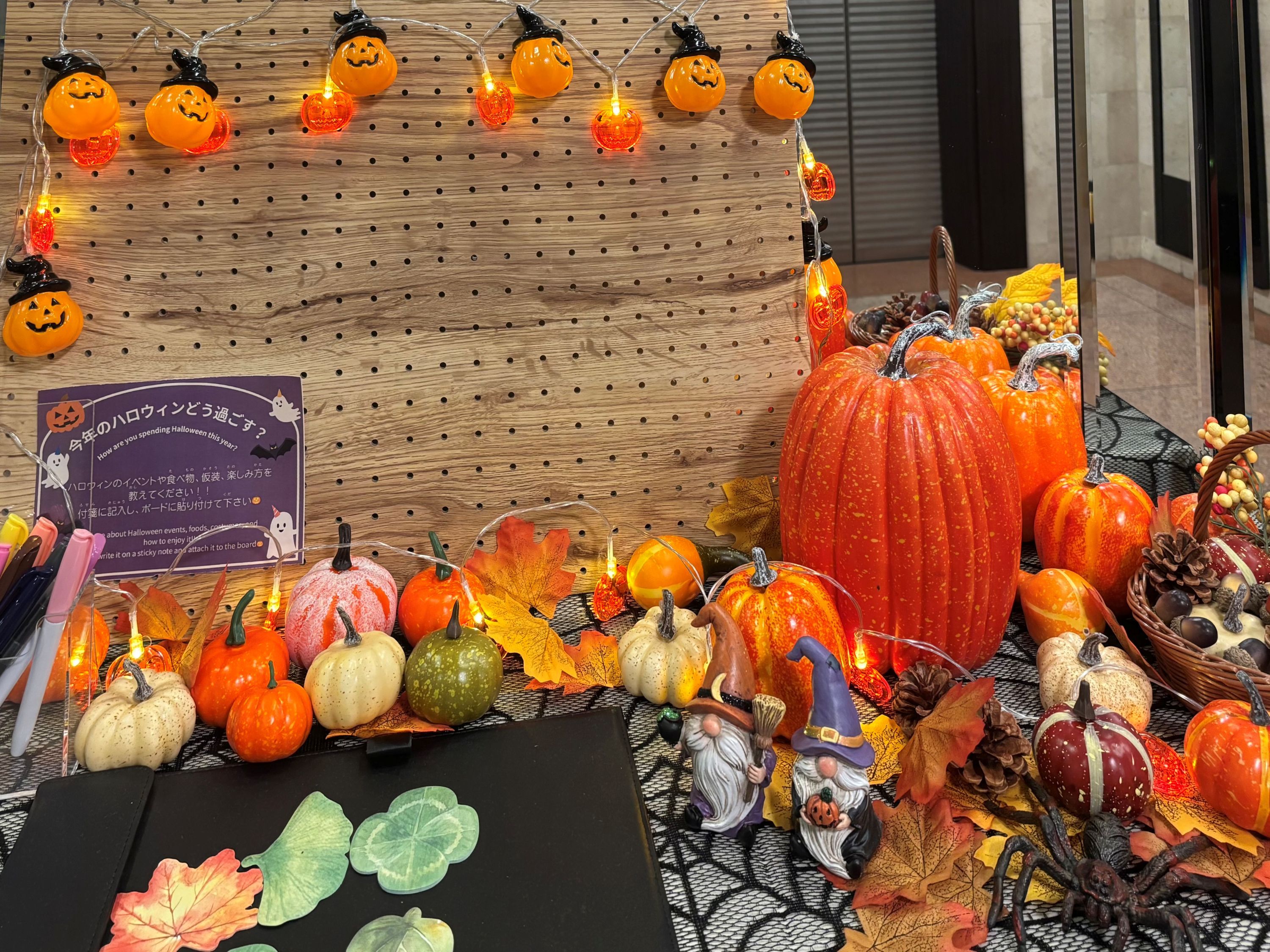 A display of pumpkins and Halloween decorations.