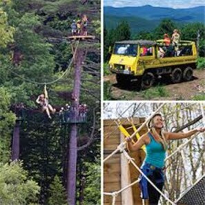 A zip line, a yellow vehicle, and a rope bridge.