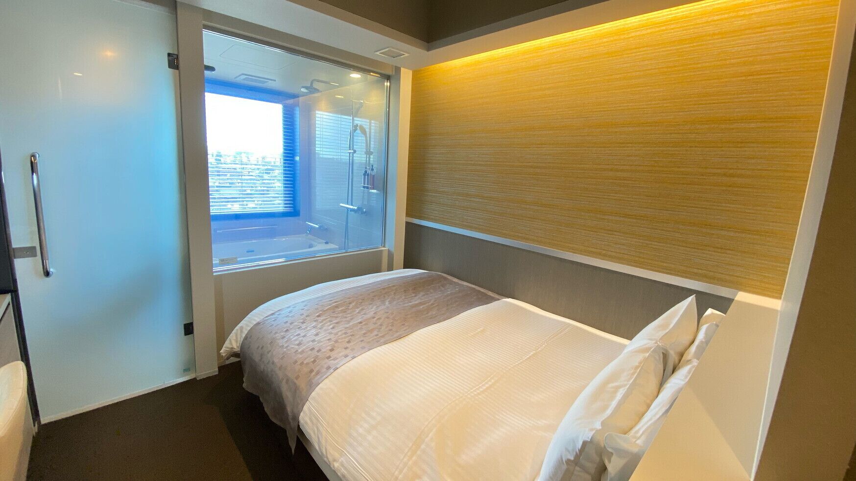 Une chambre d’hôtel avec un lit, une fenêtre et un espace douche.