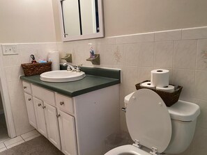 Kombination af bruser/badekar, hårtørrer, håndklæder, Sæbe