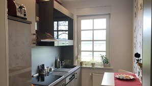 A compact kitchen with a built-in oven, a stovetop, and a window providing natural light. - Ferienwohnung in Sehr Ruhiger, Idyllischer Lage (Hückeswagen)