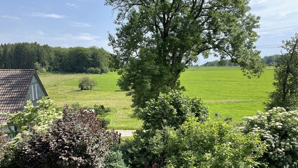 A garden with a patio, a view of a green field, and a house with a tiled roof. - Ferienwohnung in Sehr Ruhiger, Idyllischer Lage (Hückeswagen)